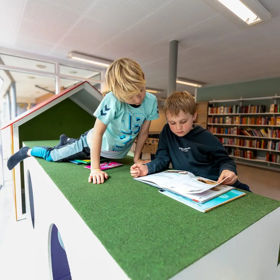 To drenge læser sammen i skolens bibliotek