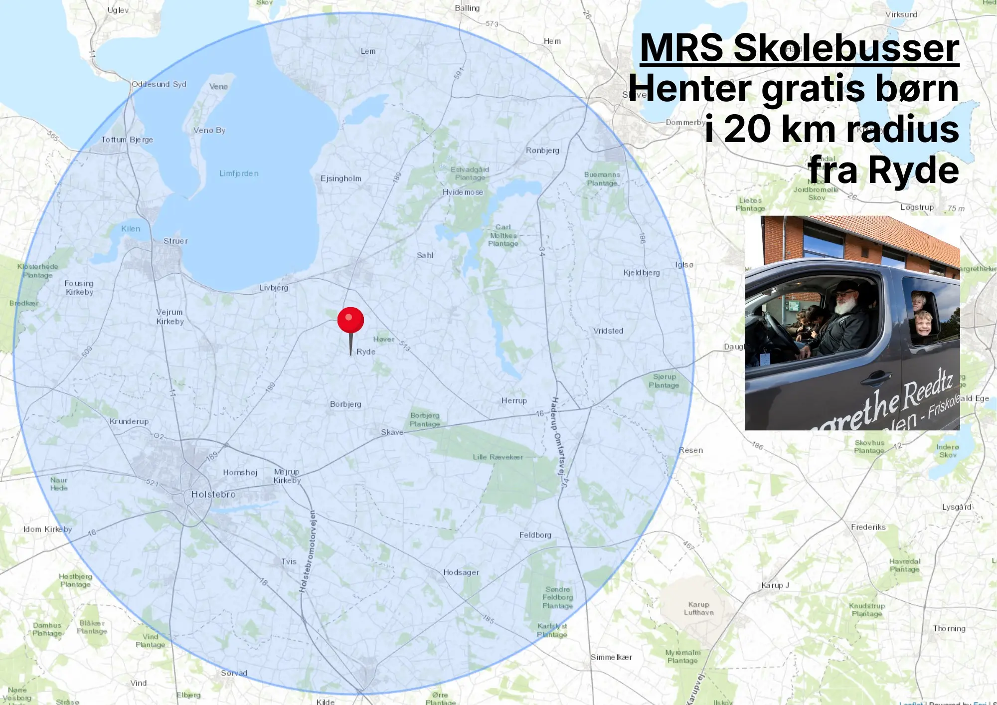 Kort over området omkring Ryde - skolebusserne henter gratis børn inden for 20 km